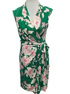 Eliza J. Sleeveless Green Floral Faux Wrap Dress size 6